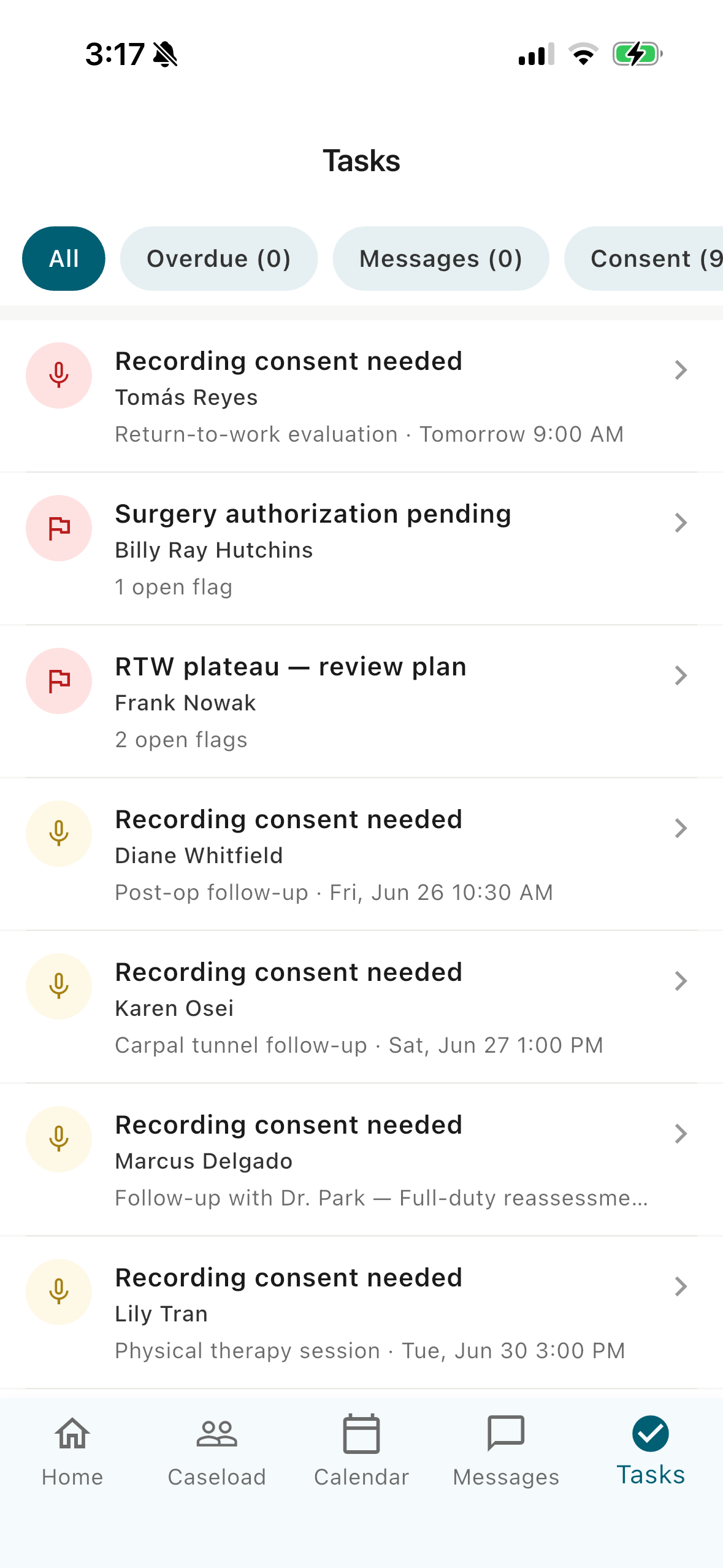 MACS field app task list, including recording-consent follow-ups