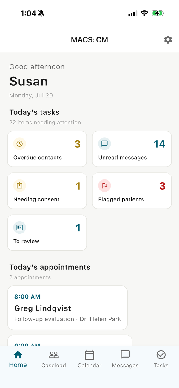 MACS: CM field app — case manager home screen