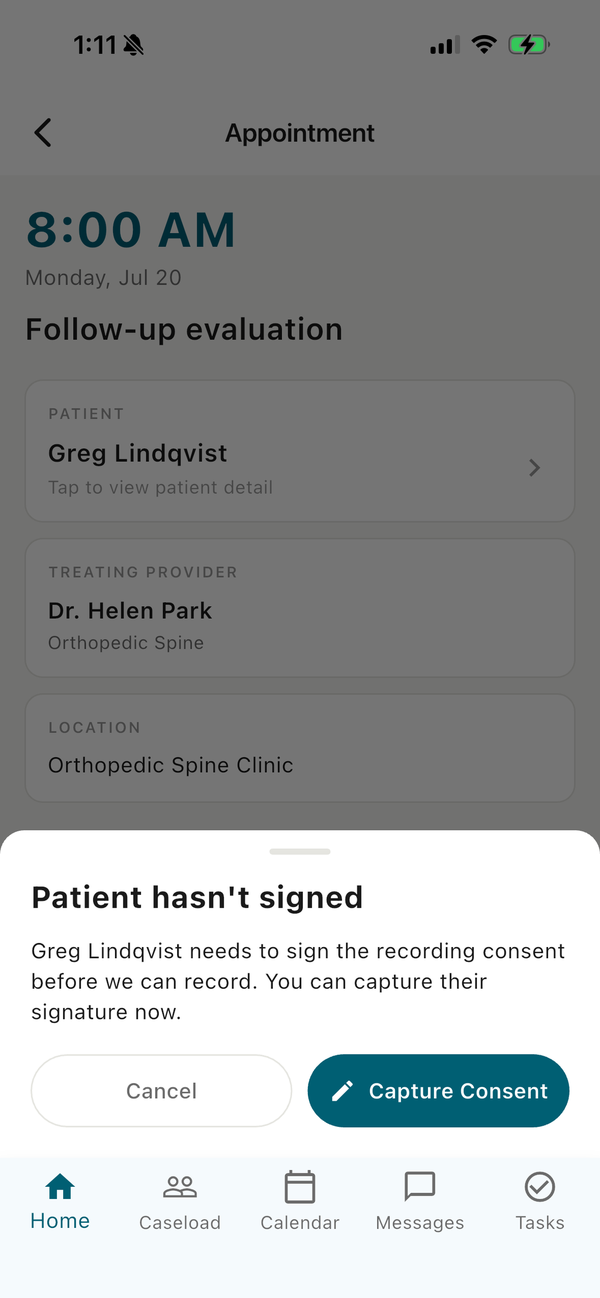 MACS: CM field app — appointment detail with per-state consent capture and one-tap visit recording