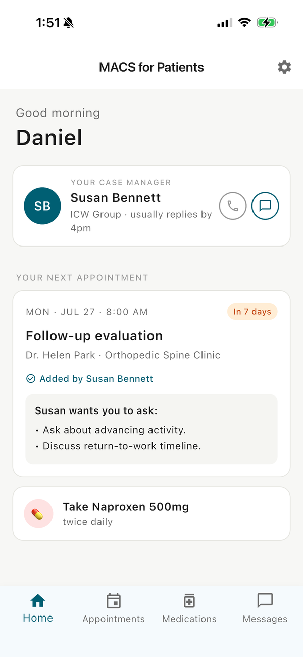 MACS: IW claimant app — home screen showing the case manager and next steps