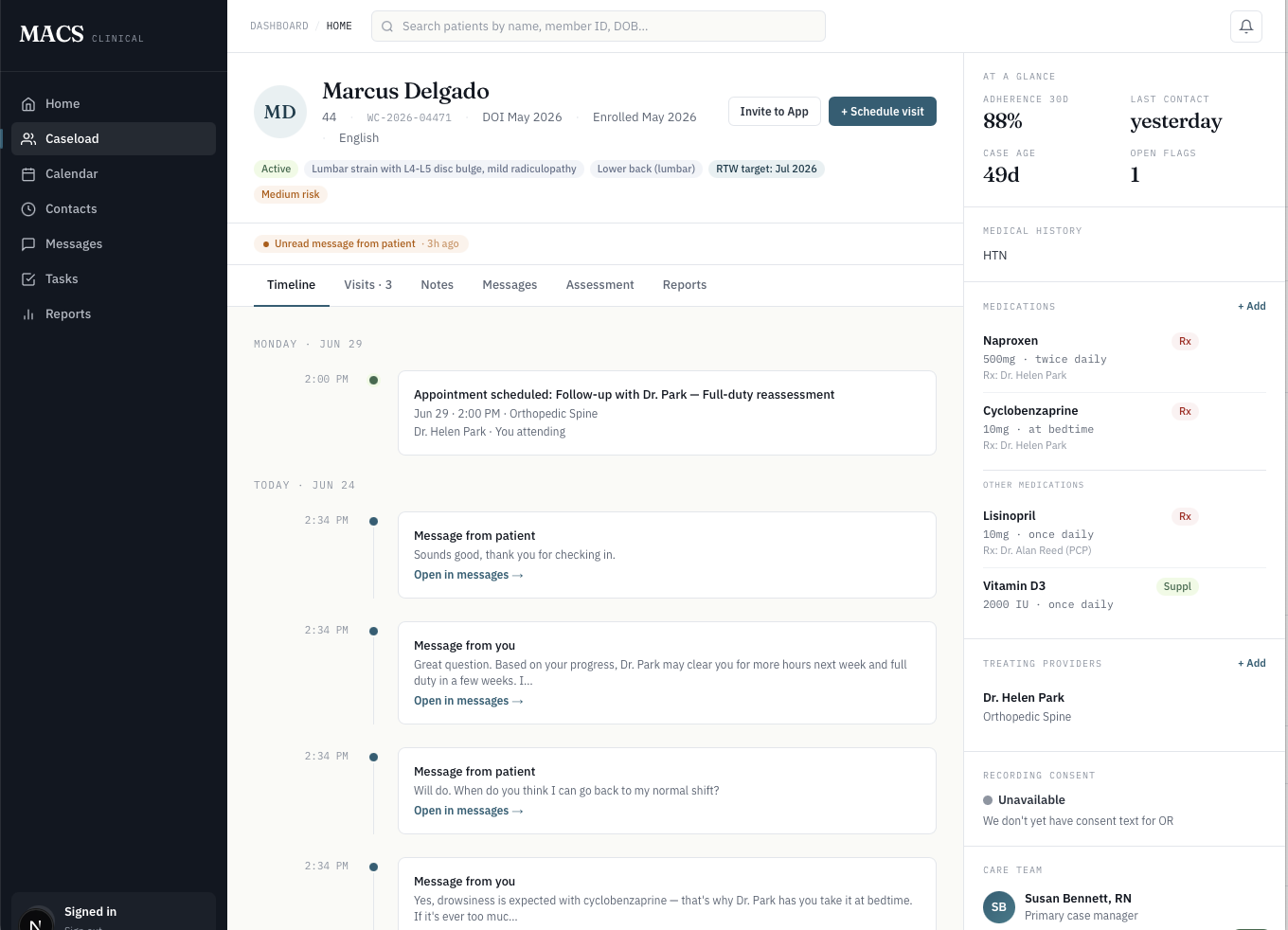 MACS case detail for an injured worker showing the claim record, summary, and the live message thread