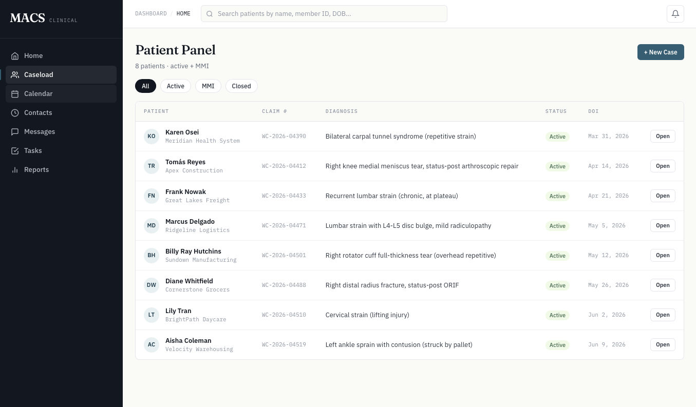 MACS caseload view listing active claims with status and next actions