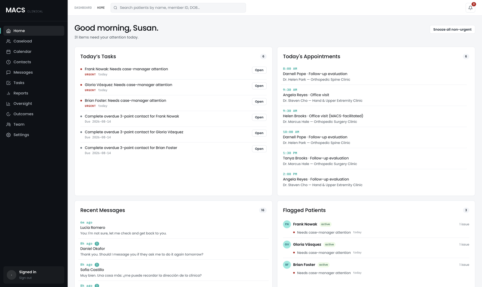 MACS operations web — case manager home dashboard with today's tasks, appointments, recent messages, and flagged patients