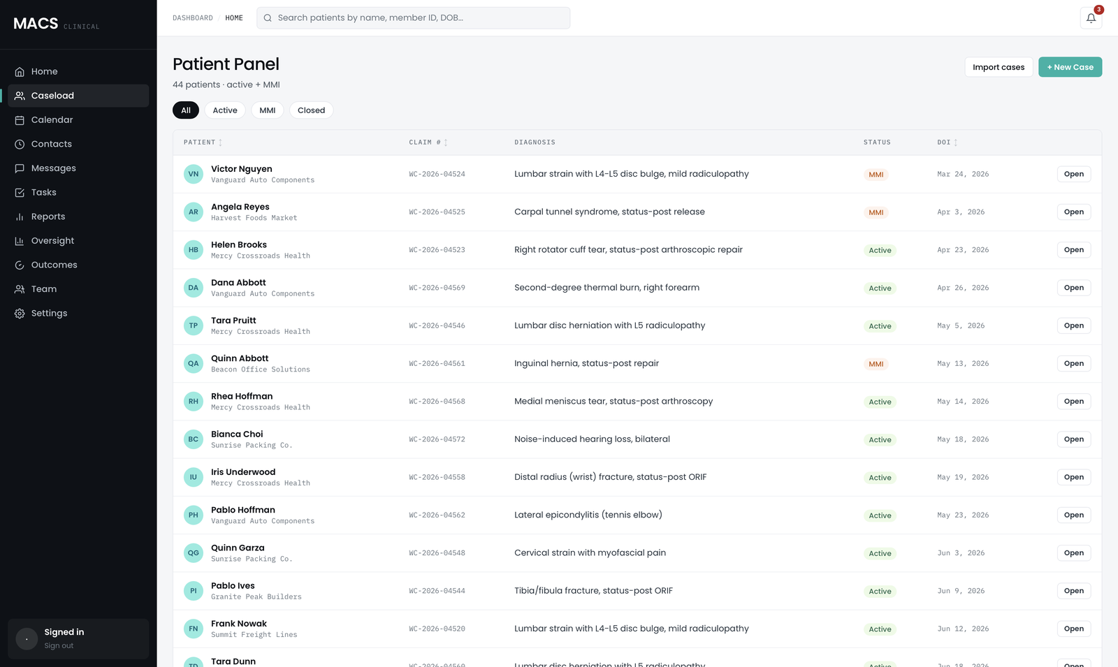 MACS operations web — caseload list of active claims with status and next actions
