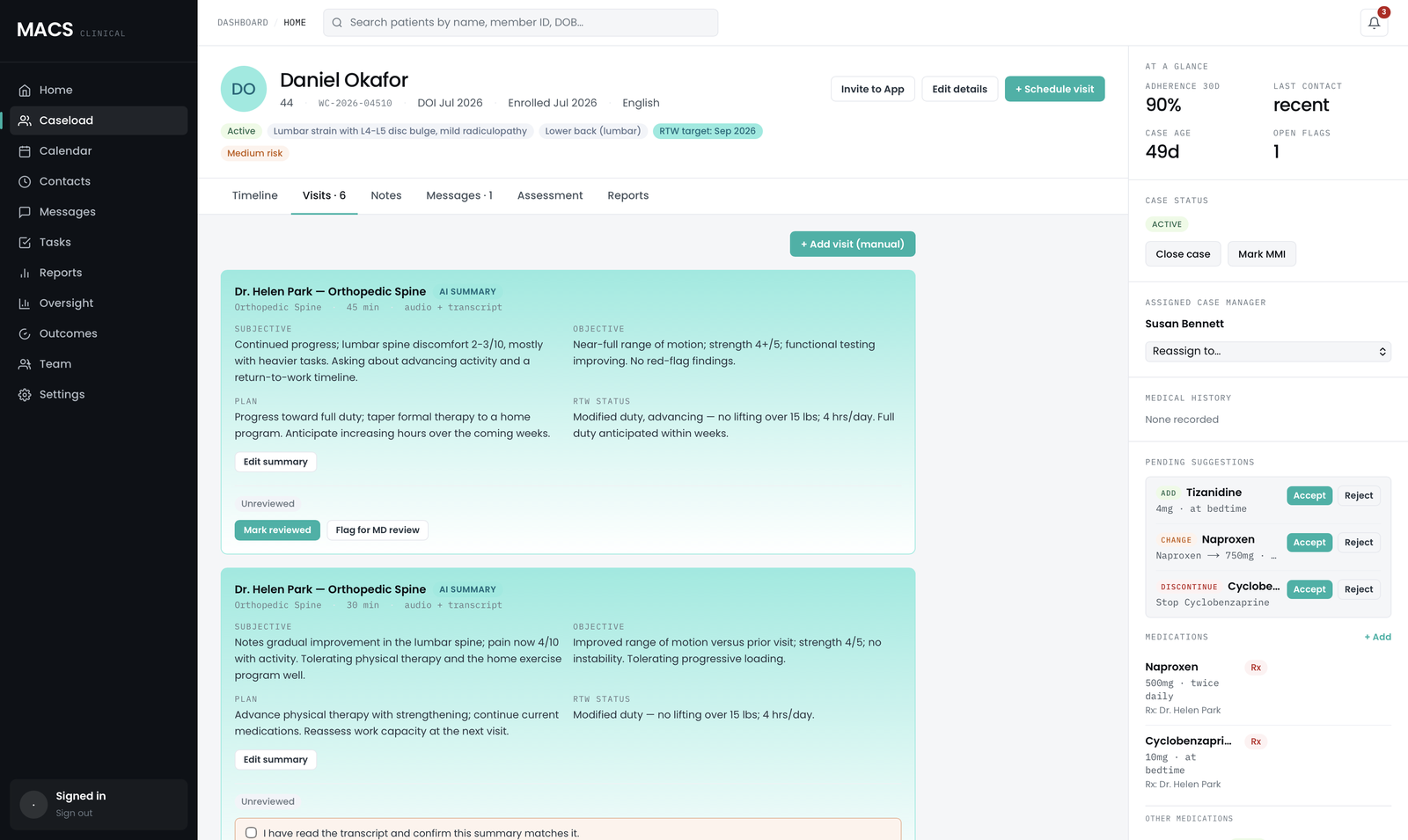 MACS operations web — case detail view with the claim record, AI summary, and live message thread