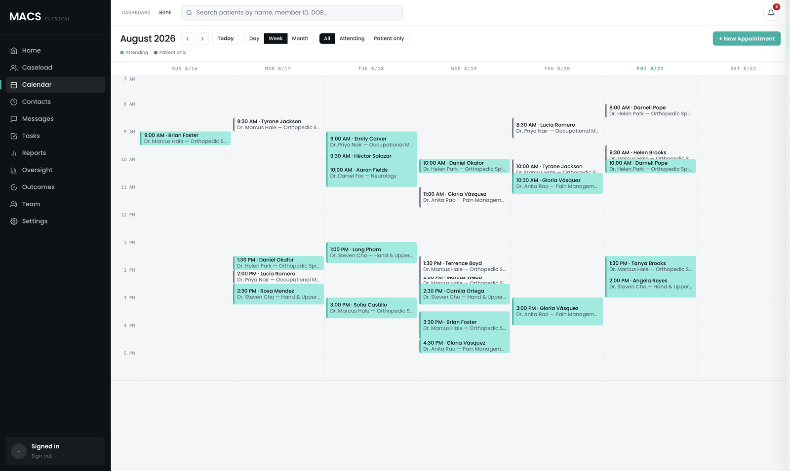 MACS operations web — calendar of scheduled appointments