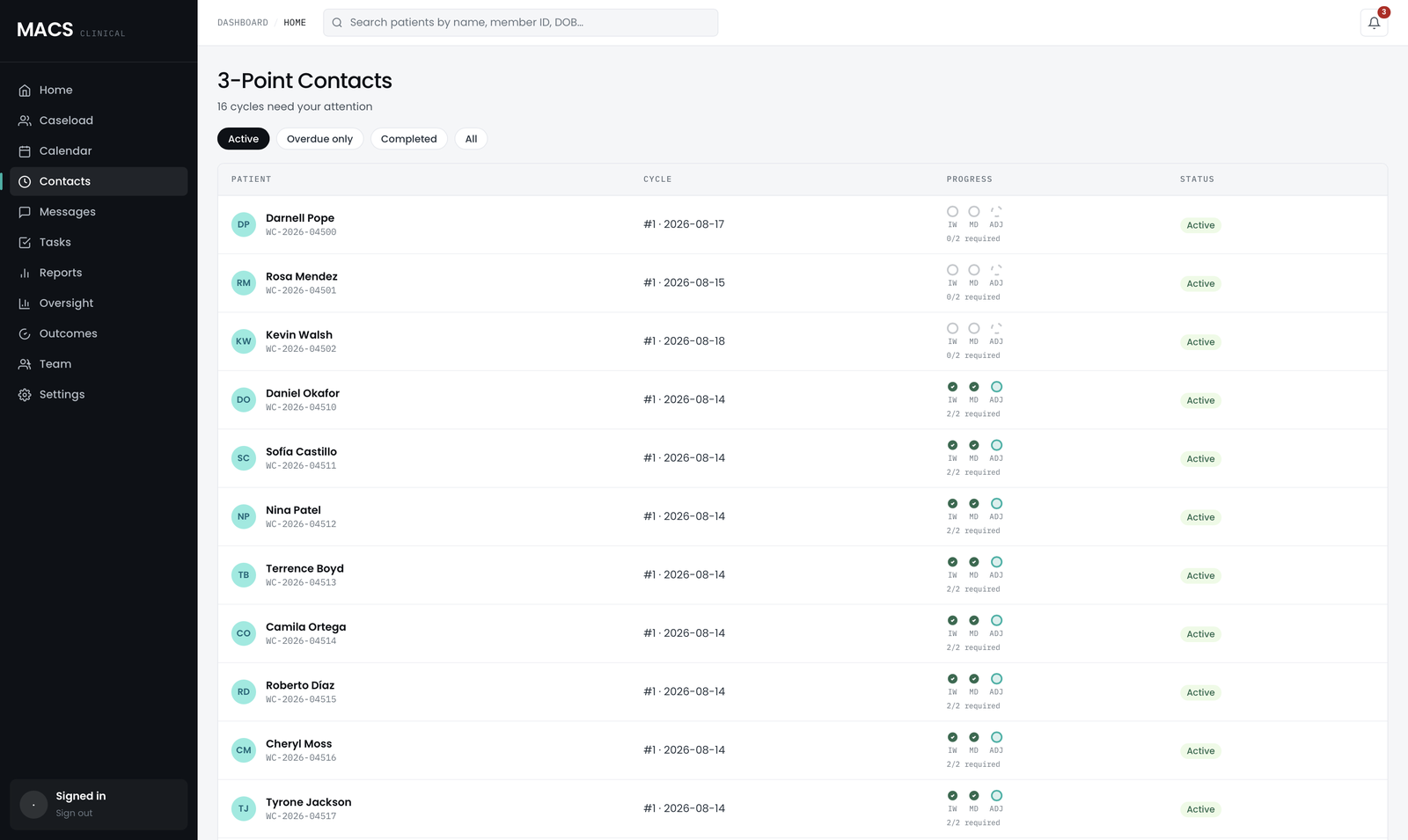 MACS operations web — three-point contact tracking for a claim