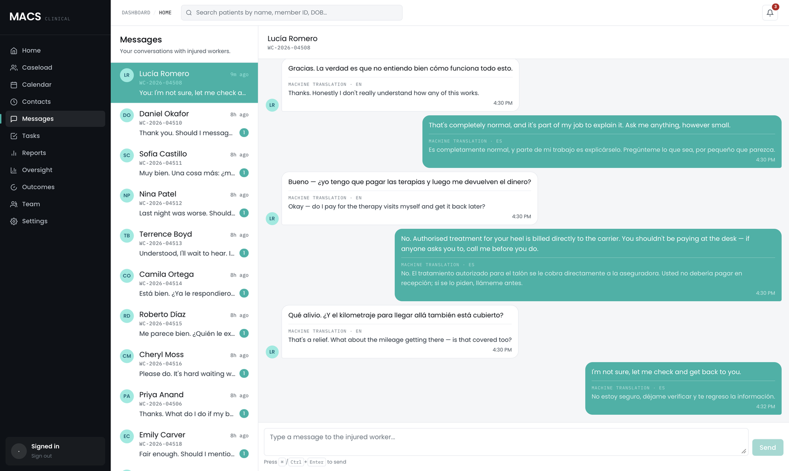 MACS operations web — secure messaging thread with an injured worker