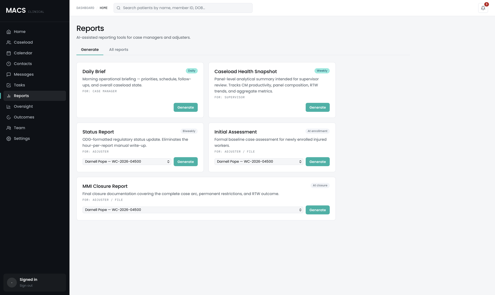 MACS operations web — AI-drafted claim reports